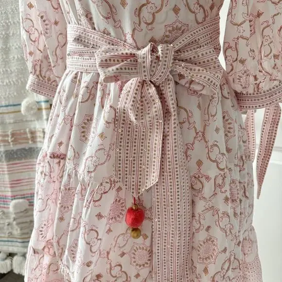 Bell by Alicia Bell Lucy Pink Gold Motif White Puff Sleeves Wrap Mini Dress XS - Picture 7 of 16